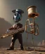 Placeholder: happy mechanoid person playing jazz with a steampunk theme, realistic