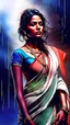 Placeholder: An indian beautiful supermodel in saree, rain, dawn, by Greg Rutkowski and Russ Mills, head and shoulders portrait, 8k resolution concept art portrait by Greg Rutkowski, Artgerm, WLOP, Alphonse Mucha dynamic lighting hyperdetailed intricately detailed Splash art trending on Artstation triadic colors Unreal Engine 5 volumetric lighting