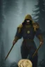 Placeholder: running berserker portrait , no face, black jogging suite , in the night Alps , holding coins , angels background, volumetric gold light, high detail, dark leaf tree, dark mountains in background, perfect