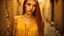 Placeholder: Closeup of a beautiful slender 20 year old caucasian girl. Her long thick straight hair is light brown. She is wearing a yellow sun dress. She is standing next to a wall in an old dark alley of a medieval town at night. She is staring at the viewer.