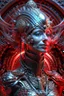 Placeholder: An alien wearing a bioluminescent Red zafír biomechanical silver metallic diadem headress, wearing biomechanical amalgamation style leather jacket dress ribbed with silver floral metallic filigree biomechanical vantablack pattern, organic bio spinal ribbed detail of gothic winter backround extremely detailed maximalist hyperrealistic portrait art