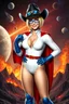 Placeholder: Karen Starr, full body, young athletic white female, crew cut bleach-blonde hair, thin, wearing 1 pair of thin blue goggles over her eyes, black cowboy hat, semi-pointed chin, muscular build, Wearing white long-sleeved bodysuit with high collar with plunging neckline, blue elbow gloves, red belt with gold buckle, red cape, blue knee boots. Big smile. Background: outer space, planets, stars, galaxies, fire, explosions, volcanic lava, craggy peaks. Photorealistic