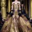 Placeholder: stunning extrem opulent haute couture gown designed by Marchesa inspired by fairies, realistic epic elegant fantasy color mix of black and gold and dark red,decorated with precious stones, detailed, high quality, intricate, fantasyland background,