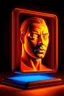 Placeholder: a 3d male face coming out of a tablet screen, inspired by Tim Hildebrandt, futuristic, glowing, sci-fi digital art illustration, stefan koidl inspired