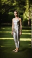 Placeholder: anorexic yoga woman, androgynous, model face, model body, satin silver leggins, satin silver top, frontal pose, standing, towards camera, yoga top