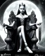 Placeholder: A young vampire girl sitting on a great throne, black and white