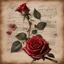 Placeholder: Hyper realistic red rose on a vintage paper with harmonica instrument & musical notes