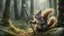 Placeholder: illustration of a little magical cute forest creature. The creature IS holding a spear. fantasy art, intricate details, style Jean - Baptiste Monge, style Alan Lee, anthropomorphic squirrel , scene from a movie, dramatic shot angle, atmospheric particles, Real, raw cinematic photorealism, action portrait, 8k, detailed, centered, full frame