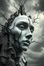 Placeholder: surrealis monochrome A fragmented, surreal sculpture liguid color of photorealistic image 3d,psychedelic art of an castle glossy emerging from dreamlike a crumbling building. The face appears pale with deep cracks and intricate details, evoking a haunting expression. Blackened tree branches intertwine with the gold mengkilat cracks, set against a backdrop of stormy, cloud-filled skies. bauhaus art The overall tone is dark and moody, suggesting themes of decay and transformation.