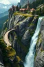 Placeholder: In a fantasy world, there is a stone bridge that descends down a waterfall by following a helix pattern down and around the waterfall. This bridge is wide enough for 2 horse-drawn carriages to travel side-by-side, and is the only way to get from the bottom to the top of this cliff. The surrounding landscape is mountainous and forested. A small trading city is at the top of this bridge.