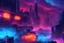 Placeholder: a painting of neon city with purple lights and skies, a detailed matte painting by John Martin, cyberpunk, behance contest winner, magic realism, concept art, behance hd, hellish background