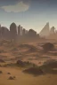 Placeholder: alien buildings, in the desert, surrounded by acacia trees, dunes, pathways, lake, roads, mountains, blue sky