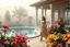 Placeholder: all scene is made of small colored cubes:a luxury villa yard with pool in center and pretty plants trees flowers, morning mist, lost paradise atmosphere,a pretty model lady in victorian clothing walking in villa yard in flowers .every thing and lady is made of small colored cubes as a puzzle