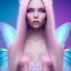 Placeholder:  beautiful, soft, whide smile face, long blonde straight hair, blue eyes, fairy wings on the back, transparent crystal blue and pink clothes, background blue and pink, big definition, 8K