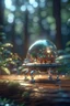 Placeholder: picture of a magical forest sparkling with light,cute chat robot inside transparent egg that is driving a car on a wooden bridge,shot on Hasselblad h6d-400c, zeiss prime lens, bokeh like f/0.8, tilt-shift lens 8k, high detail, smooth render, down-light, unreal engine, prize winning