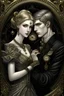 Placeholder: Beautiful charming gothic couple, by Valent10179, art deco masterpiece, timeless crystal elegance, filigree detail, tiny thin gold lines on rough stone background, detailed eyes, uhr, ultra highly detailed