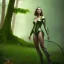 Placeholder: upper body of yohan diniz leaning against tree, fast walker, as a young cute feminine woman, short hair, green forest background, stream, mega flowers, dusk, 100 fireflies, throne