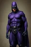 Placeholder: full-length, A portrait of a the Phantom, a man with piercing blue eyes, a chiseled jaw, goatee, timeless face, stern expression, Wearing a skintight formfitting purple cotton hero suit with a skintight cowl with a widows peak that fits tight to his head, but does not cover his face, he wears a thin, black leather, bandit eye disguise over his eyes, black and blue diagonally striped trunks, dual-holstered pistol belt adorned with a triangle skull-shaped buckle with leg straps, knee-high boots