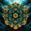 Placeholder: Dynamic hypnotic fractal 3D Pyramids pentagonal Symmetry and morphing between organic and geometric forms , smooth translucent iridescent glass with inner glow and bubbles, varied transparent materials, stormy skies, intense dramatic
