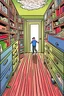 Placeholder: zoomed out view of a friendly running behind drawers, bedroom, surreal, comic style