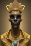 Placeholder: black male African Egyptian alien, cracks in the voodoo head, wicked, diamond eyes, crown, blood, 8k, finely detailed, photo realistic, leopard robe turquoise skull head gold dragon space alien rain skeleton gold teeth silver crown silver space suit spaceships