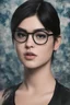 Placeholder: cross-eyed Lucy Hale Bruce Lee hybrid, , 4k UHD, photorealistic, ((big, full, plump, pouty lips:1.5)) black hair, big cat-eye eyeglasses, dark blue foggy gradated marble wall background