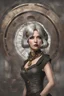 Placeholder: full body and headshot of a skinny Cleopatra, with a silver bob hairstyle, standing in a steampunk setting.