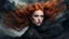 Placeholder: a girl with ginger hair and flower on her forehead, in the style of eerie dreamscapes, flowing fabrics, romantic windblowing, swirling hair, Windy, swirling dark style Dark, misty, fantasy Dark, dark scene, eerie, macabre, black smoke, ultraclear image"