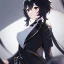 Placeholder: Clear focus, High resolution, short black hair, black eyes, wearing a black jacket and a white shirt, wearing a black skirt, 1girl, Genshin impact, long locks, long eyelashes, black tie