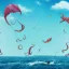 Placeholder: octopus and fish doing kitesurfing in the air, through a city, skyscrapers, photo, realistic, detailed, cinematic, 4k, unicorns, awkward, fantasy animals,