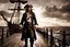 Placeholder: Pirate stands defiantly on a creaking wooden pirate ship deck, ocean horizon stretching behind, tattered sails billowing in the brisk sea wind, sunset casting an amber glow over the scene, high contrast, sharp textures, high detalied, detalied midle age face, dramatic lighting, photorealistic, crepy stunning, film noir