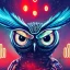 Placeholder: great illustrator, spanish, realistic rendering owl with, metal beak, red eyes, complex circuits on eyes, bombed city background, luminescent lights, blade runner, cimematic, michael mann movie