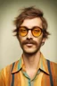 Placeholder: hippie young man with glasses of colours and poor and short short short and poor hair on the head with receding hairline. Farsightedness glasses with big eyes. Shirt beard in the head. Vintage look and feel like photo style-of the 70s