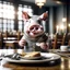 Placeholder: north pole pig holding silverware at a restaurant, realistic