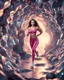 Placeholder: make a picture pretty cave made of crystal and metallic 3d fractal recursive cubic and sphere base structures and a beautiful fashion model lady with cute,curvy long hair,makeup, in pretty sports suit is running inside cave ,dynamic camera fallow her inside cave capturing full body, dynamic lights.