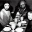 Placeholder: Creepy old photo of star wars Yoda and ewok type people sitting at dinner with scared children