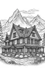 Placeholder: schita cu tema casa din Alpi , incadrata bine in rama , hasurat cu linii fine , cu mare acuratete si contrast , stil gravura pe metal