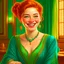 Placeholder: a young noble woman, red hair bun, smiling, joyful, happy to see us, wearing a turquoise embroidered gown with perls, renaissance era, in a ballroom, highly detailed, illustration, character art