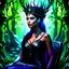 Placeholder: Morena Baccarin as a beautiful sexy dark elf queen seated elegantly on a throne in a mystical forest, dark celtic vignette frame, photo-realistic, cinematic lighting, award-winning photography