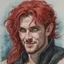 Placeholder: dnd, fantasy, watercolour, portrait, illustration, prerafaelite, male, face, green eyes, determined, happy, red hair, very long hair, radiating light, five o'clock shadow