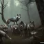 Placeholder: franz frazetta style, wolf pack in the forest clearing, night