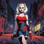 Placeholder: Harley Quinn by Bruce Timm, she stands in a dark street of Gotham