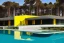 Placeholder: Day in quinta do lago, one straight line building of two floors on a slope of pine trees, with a 250 meters long pool on the rooftop building, modernistic luxury architecture with wood and antracite dark metallic pergolas, sexy loungers by the pool, red Ferrari and yellow lamborghini