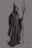 Placeholder: Tall Wizard, dark broody, long staff in hand, grey cloak, photorealistic