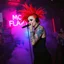 Placeholder: A MC performing at dance club, her name MC FLAPYPUSY and looks crazy, crazy red hair with black dress. Neon lights and smog, MC FLAPYPUSY SIGN ON WALL
