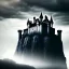 Placeholder: a black and menacing castle floating in midst air, hilly environment, cloudy sky