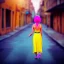 Placeholder: Beautiful lonely girl who walks along a street without people at dawn. You see her from behind. She wears very short yellow dress. She has short pink hair with glowing crystals. Full body, 8k resolution concept art. Professional Photo HD. Stylish. Warm vivid colors. Panoramic