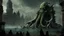 Placeholder: magnificent and mighty Cthulhu in r'lyeh, tremendous, enormous, on a throne made of buildings, photorealistic, magnificent, ultrarealistic, gothic, gothic buildings, wet, shore city, gigantic