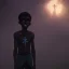 Placeholder: spirit of a black kid at a cemetery near a cross and surrounded by almost unseen dead souls at a eerie night