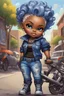 Placeholder: create an expressive oil painting illustration of a chibi cartoon voluptuous black female wearing a blue jean outfit with biker boots. Prominent make up with hazel eyes. Extremely highly detail of a very low platinum blonde pixie haircut. Background of a bike show.